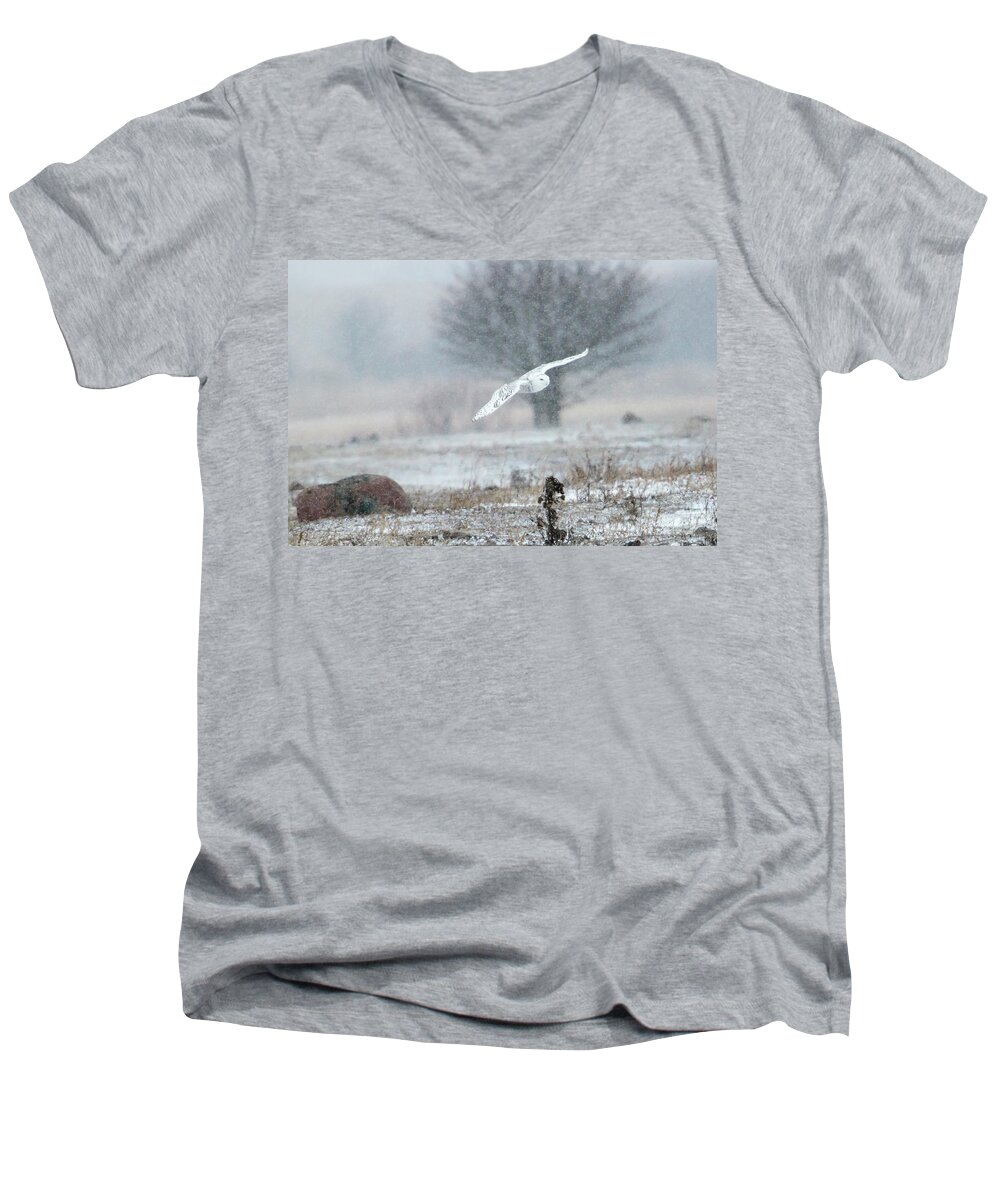 Rural Men's V-Neck T-Shirt featuring the photograph Snowy Owl in Flight #1 by Gary Hall