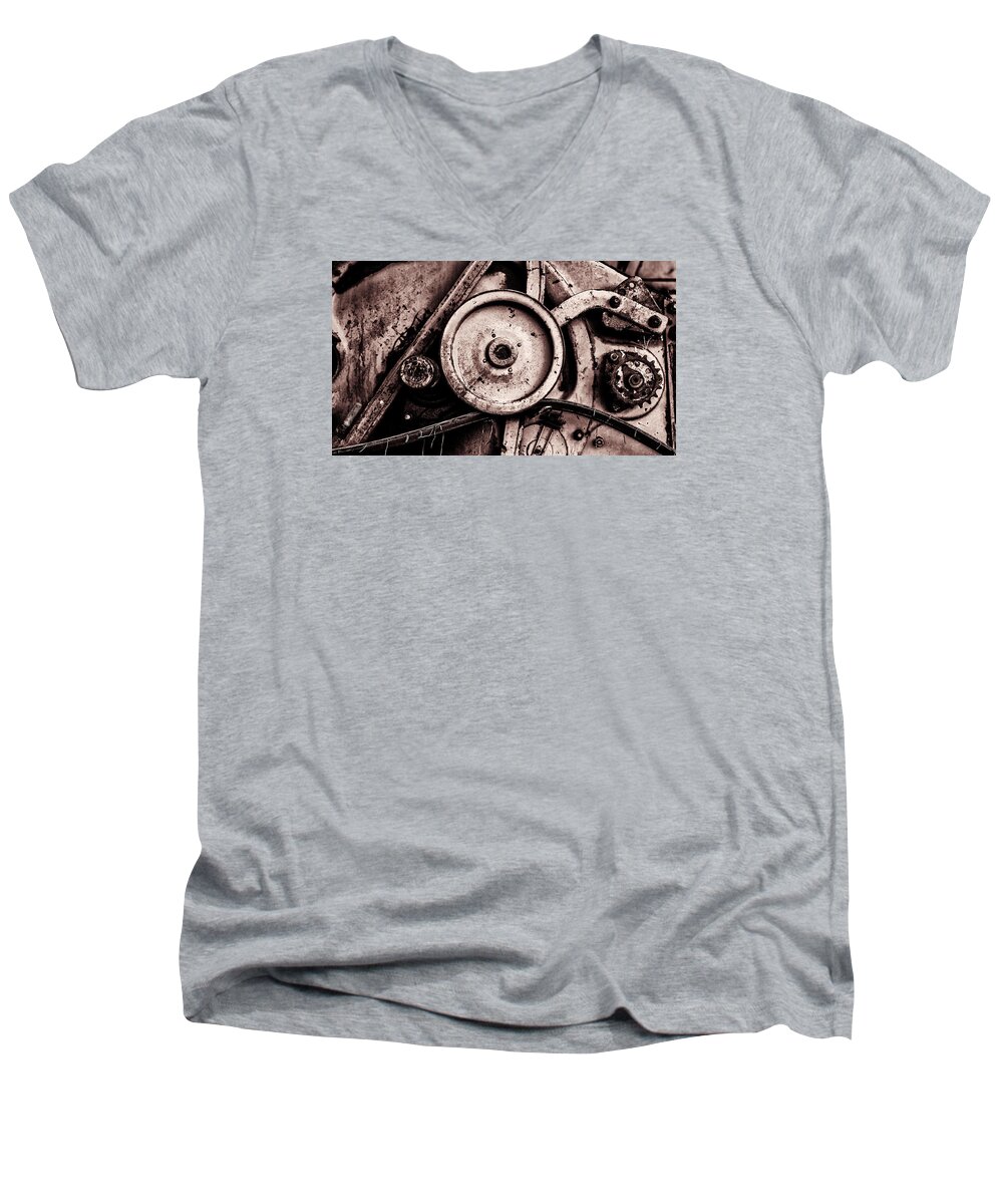 Combine Cog Men's V-Neck T-Shirt featuring the photograph Soviet USSR Combine Harvester Abstract Cogs in Monochrome #2 by John Williams