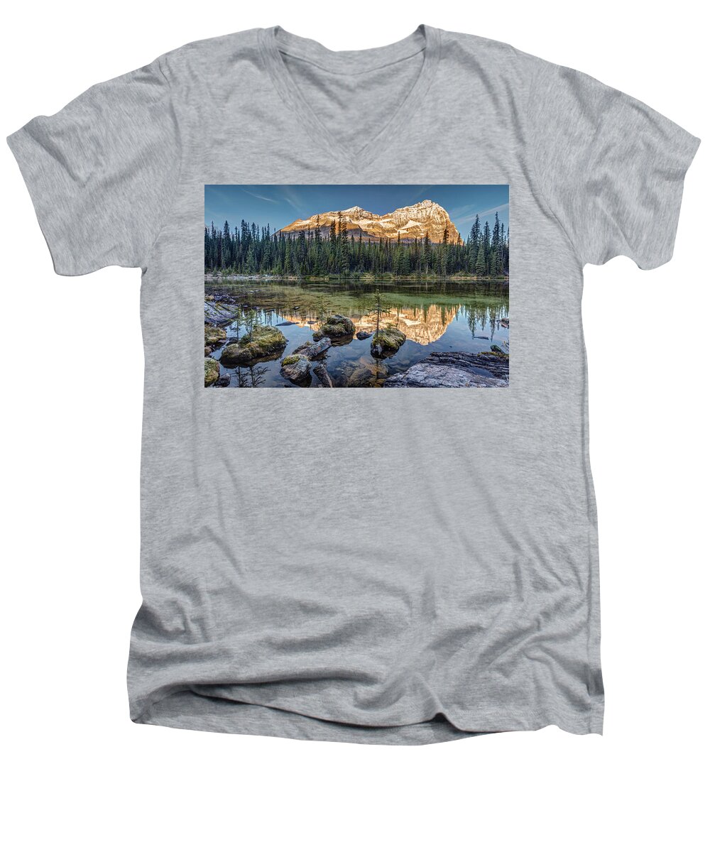 Yoho Men's V-Neck T-Shirt featuring the photograph Sunrise in the Rocky Mountains #1 by Pierre Leclerc Photography