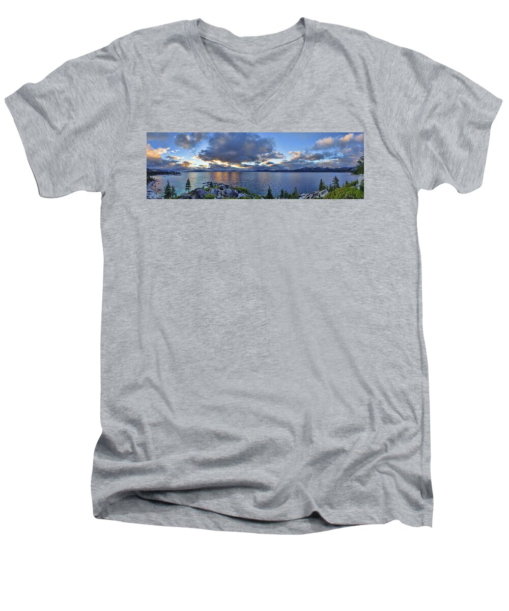 Lake Men's V-Neck T-Shirt featuring the photograph Tahoe Sunset Panorama #1 by Martin Gollery