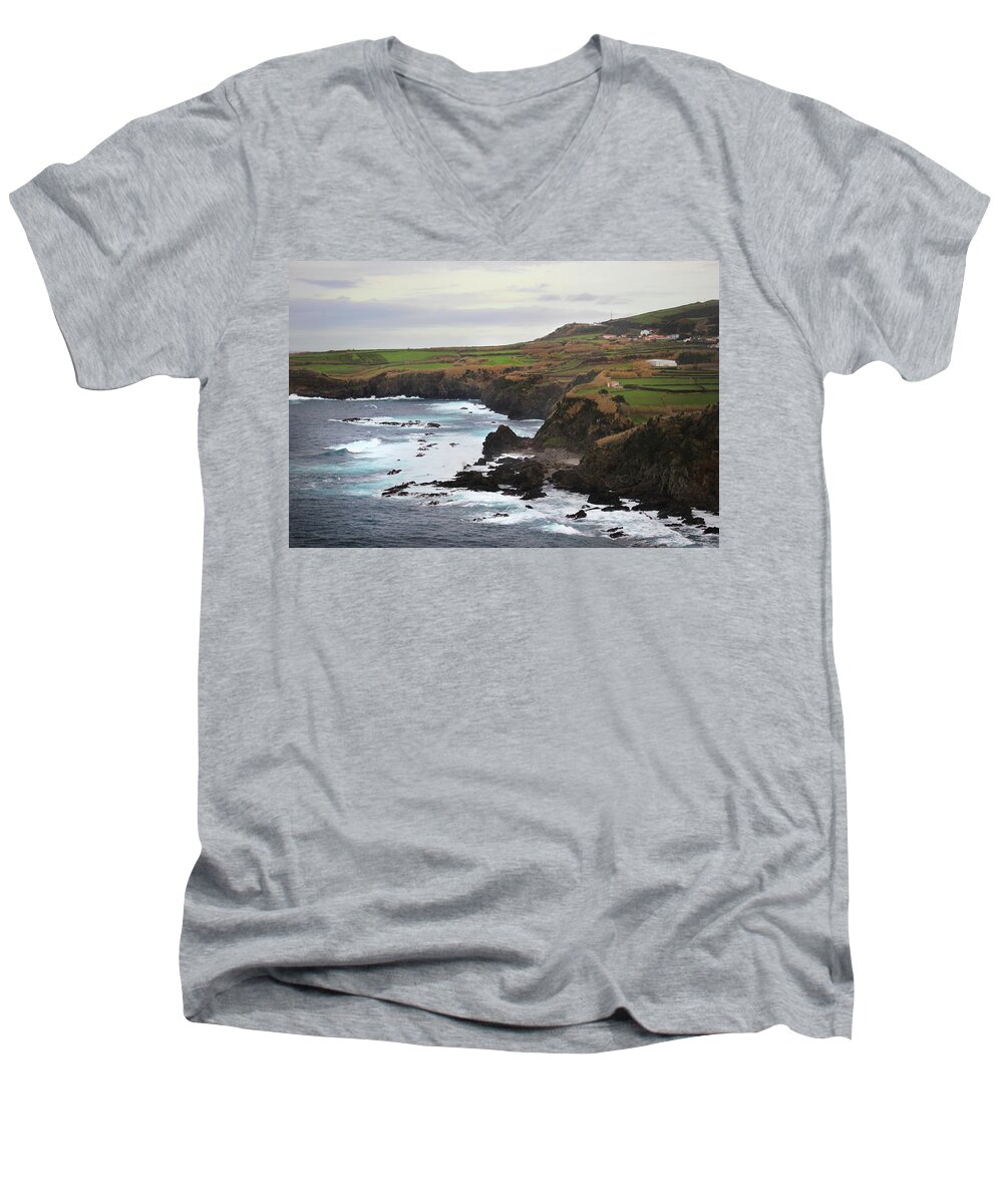 Kelly Hazel Men's V-Neck T-Shirt featuring the photograph Terceira Coastline #1 by Kelly Hazel