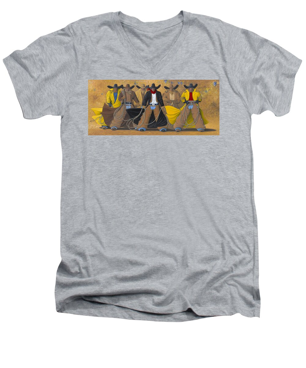 Large Cowboy Painting Of Six Cowboys. Men's V-Neck T-Shirt featuring the painting The Posse by Lance Headlee
