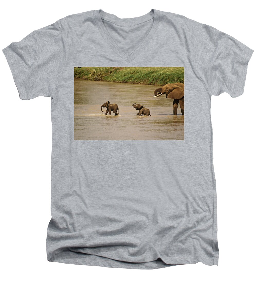 Africa Men's V-Neck T-Shirt featuring the photograph Tiny Elephants #1 by Michele Burgess