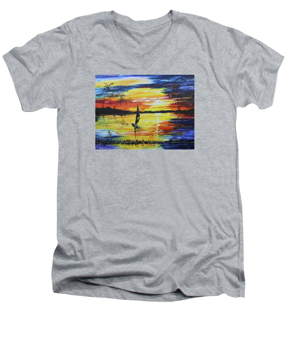 Caribbean House Men's V-Neck T-Shirt featuring the painting Tropical Sunset #2 by Kevin Brown