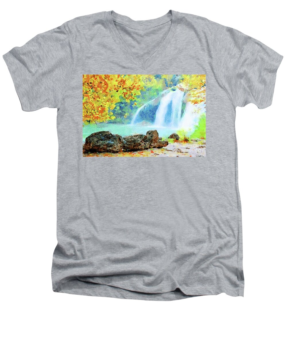 Turner Falls Men's V-Neck T-Shirt featuring the digital art Turner Falls #1 by Betty LaRue