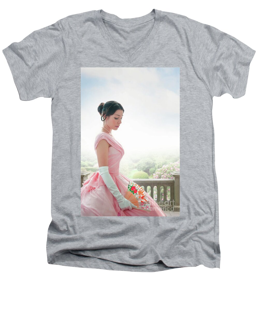 Victorian Men's V-Neck T-Shirt featuring the photograph Victorian Woman In A Pink Ball Gown #1 by Lee Avison