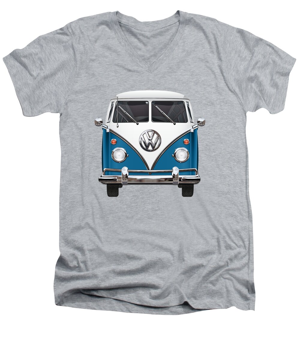 'volkswagen Type 2' Collection By Serge Averbukh Men's V-Neck T-Shirt featuring the photograph Volkswagen Type 2 - Blue and White Volkswagen T 1 Samba Bus over Orange Canvas #1 by Serge Averbukh