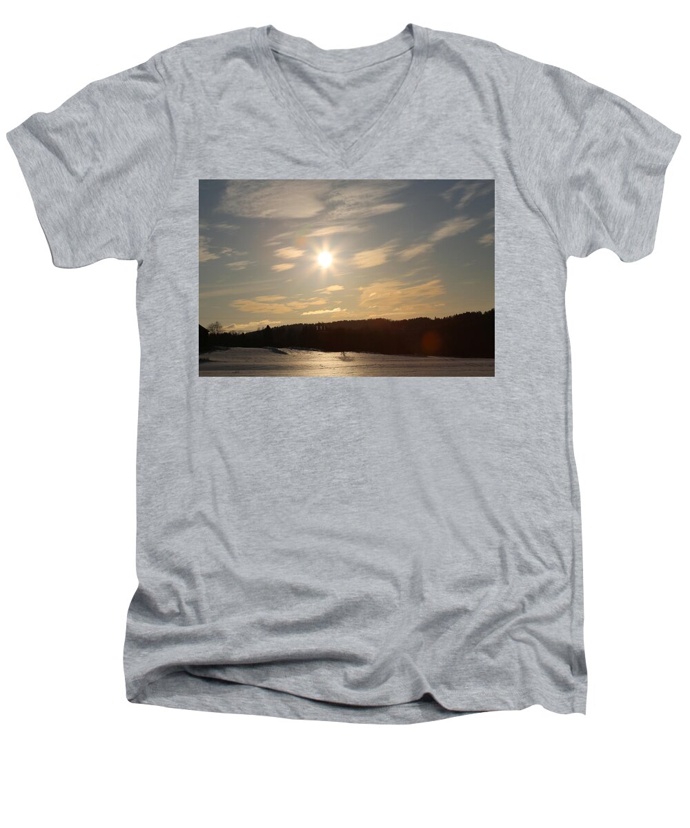 Countryside Norway Scandinavia Europe Outdoors Nature Landscape Trees View Sun Men's V-Neck T-Shirt featuring the digital art Winter landscape #2 by Jeanette Rode Dybdahl