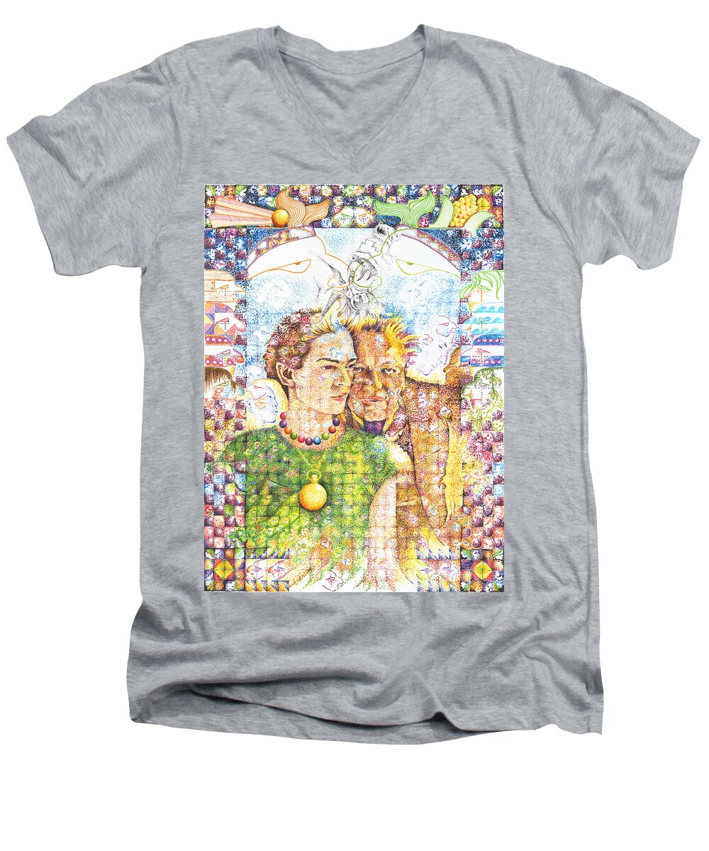 Frida Kahlo Men's V-Neck T-Shirt featuring the drawing 10000 Caras Son Uno by Doug Johnson