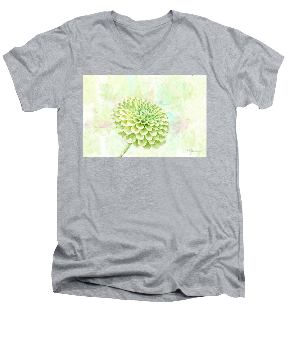 Chrysanthemum Men's V-Neck T-Shirt featuring the mixed media 10891 Green Chrysanthemum by Pamela Williams