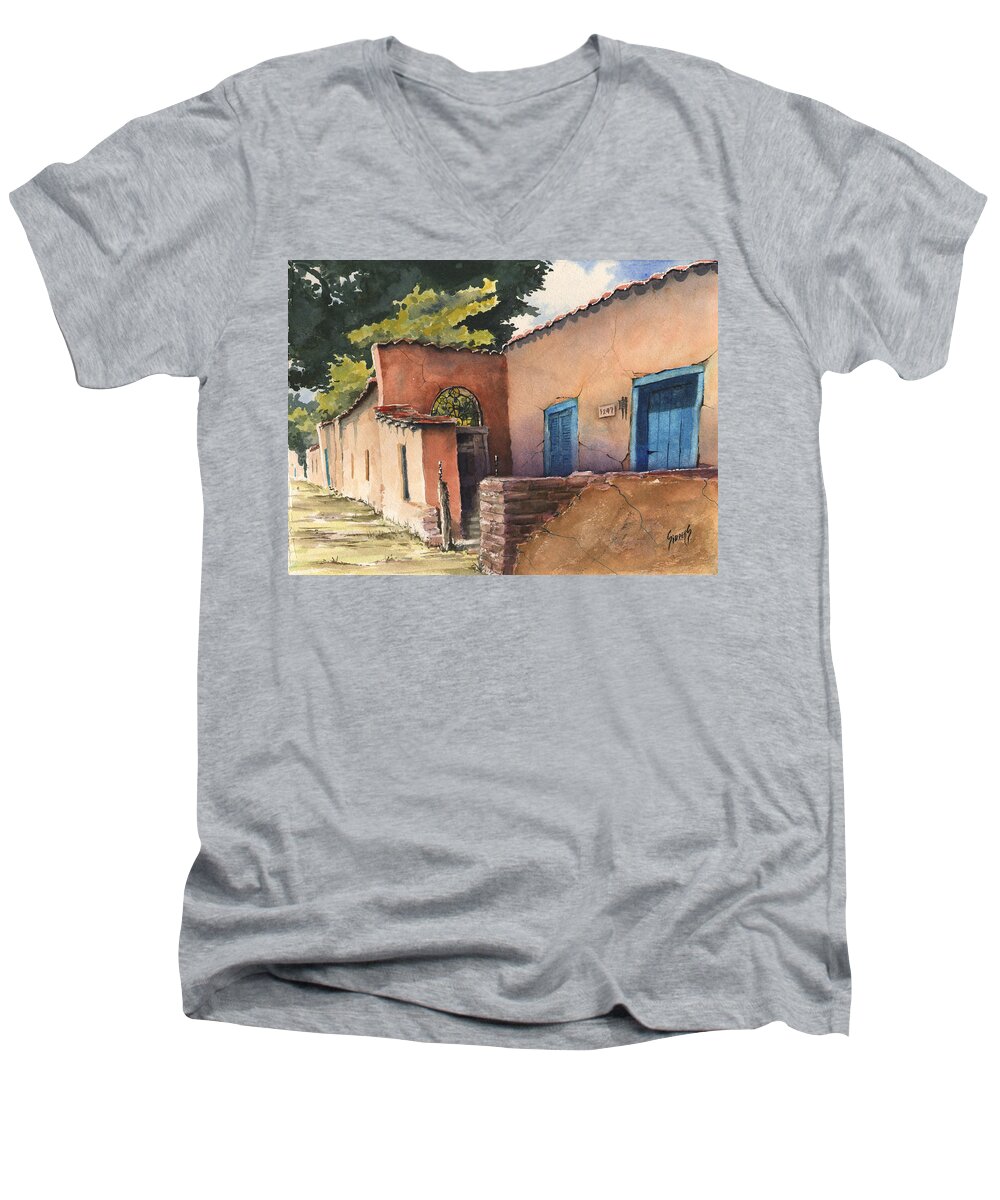 Adobe Men's V-Neck T-Shirt featuring the painting 1247 Agua Fria Street by Sam Sidders