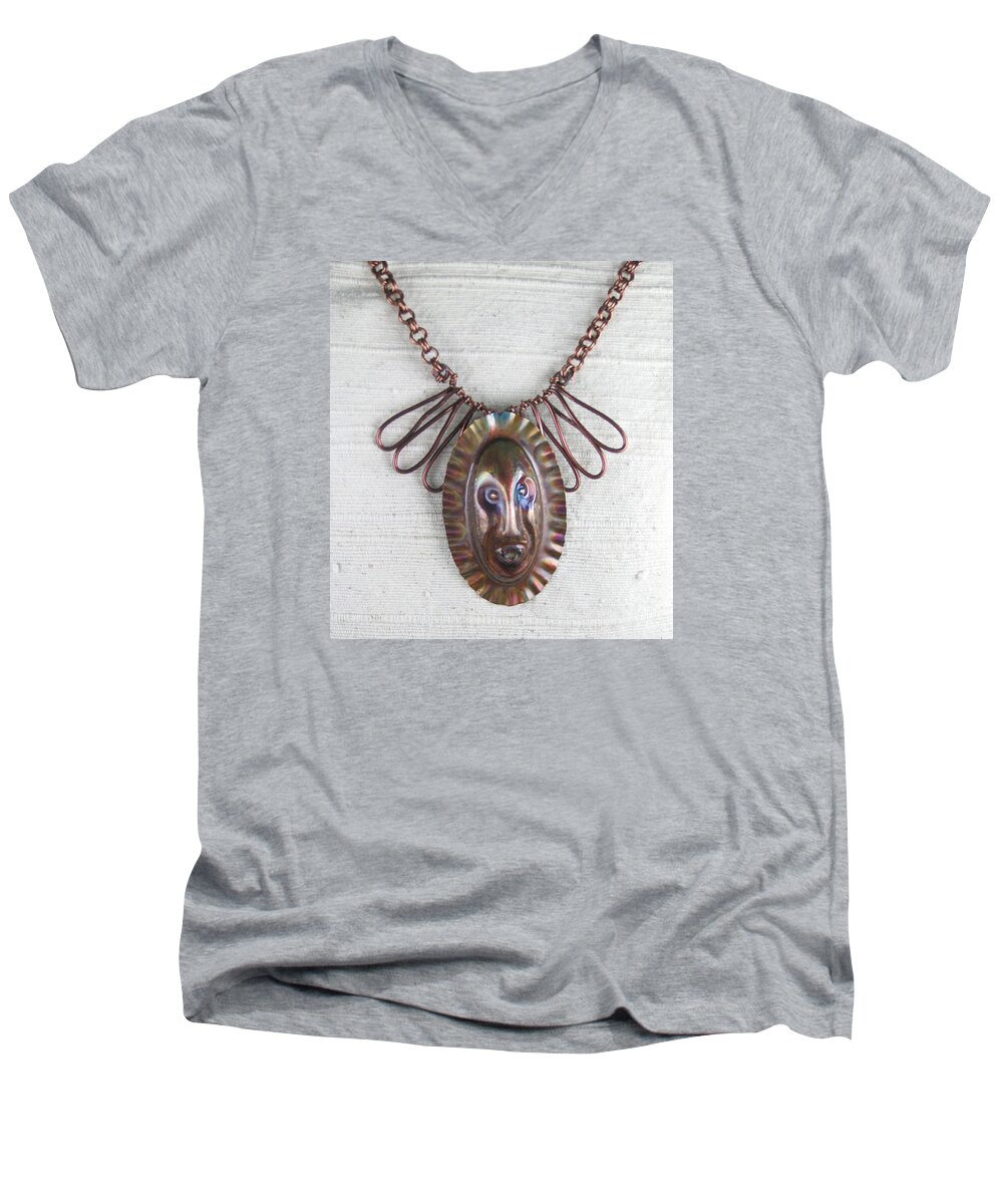 Copper Men's V-Neck T-Shirt featuring the jewelry 1254 Tribal Mask by Dianne Brooks