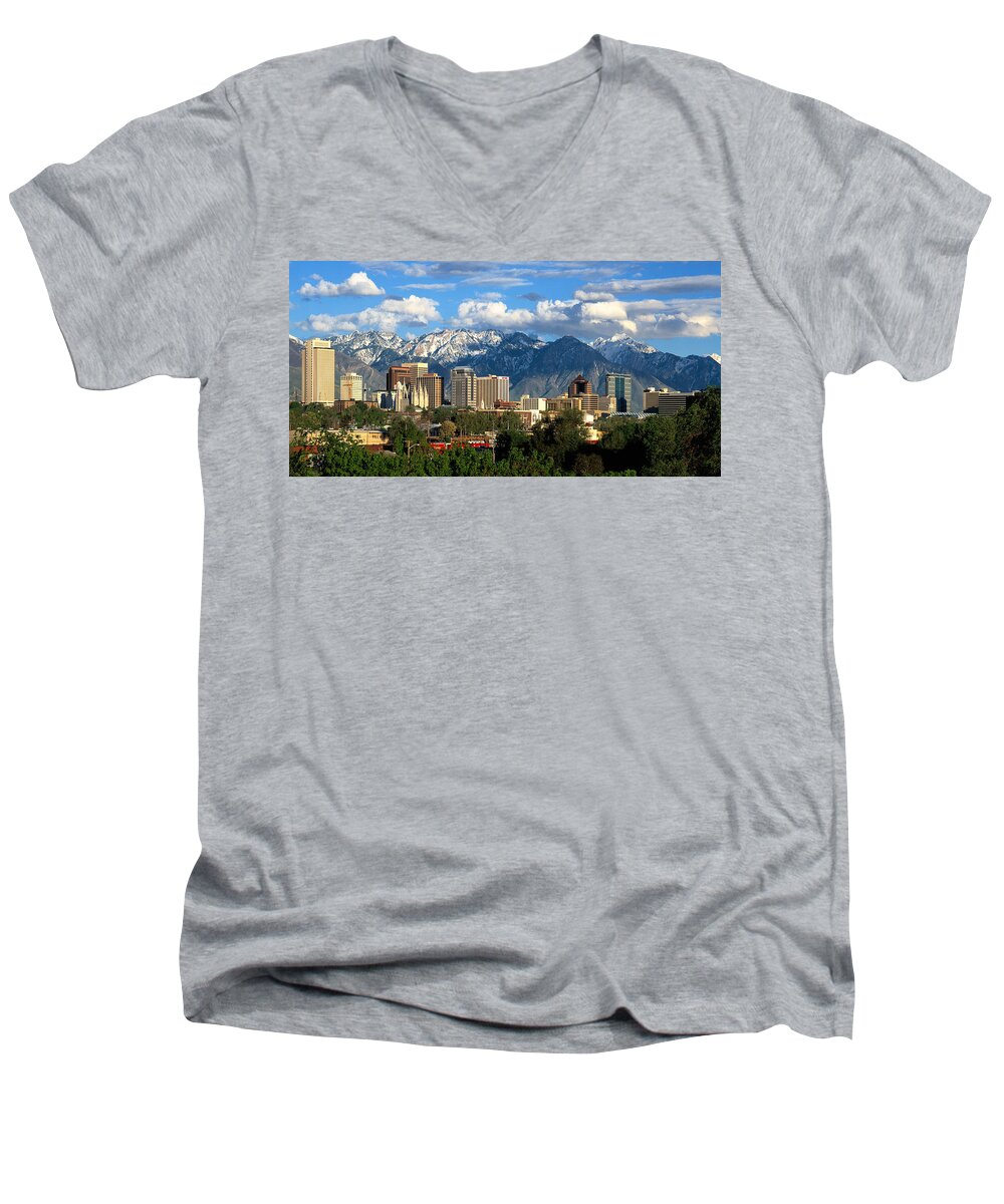 Salt Lake City Men's V-Neck T-Shirt featuring the photograph Salt Lake City Skyline #15 by Douglas Pulsipher