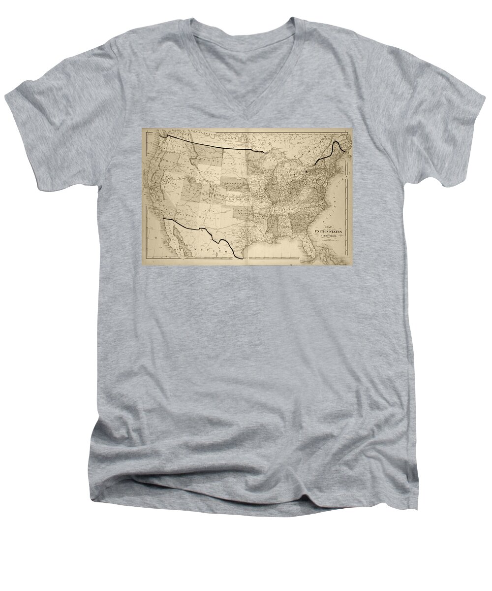 United Men's V-Neck T-Shirt featuring the digital art 1876 Map of the United States Sepia by Toby McGuire