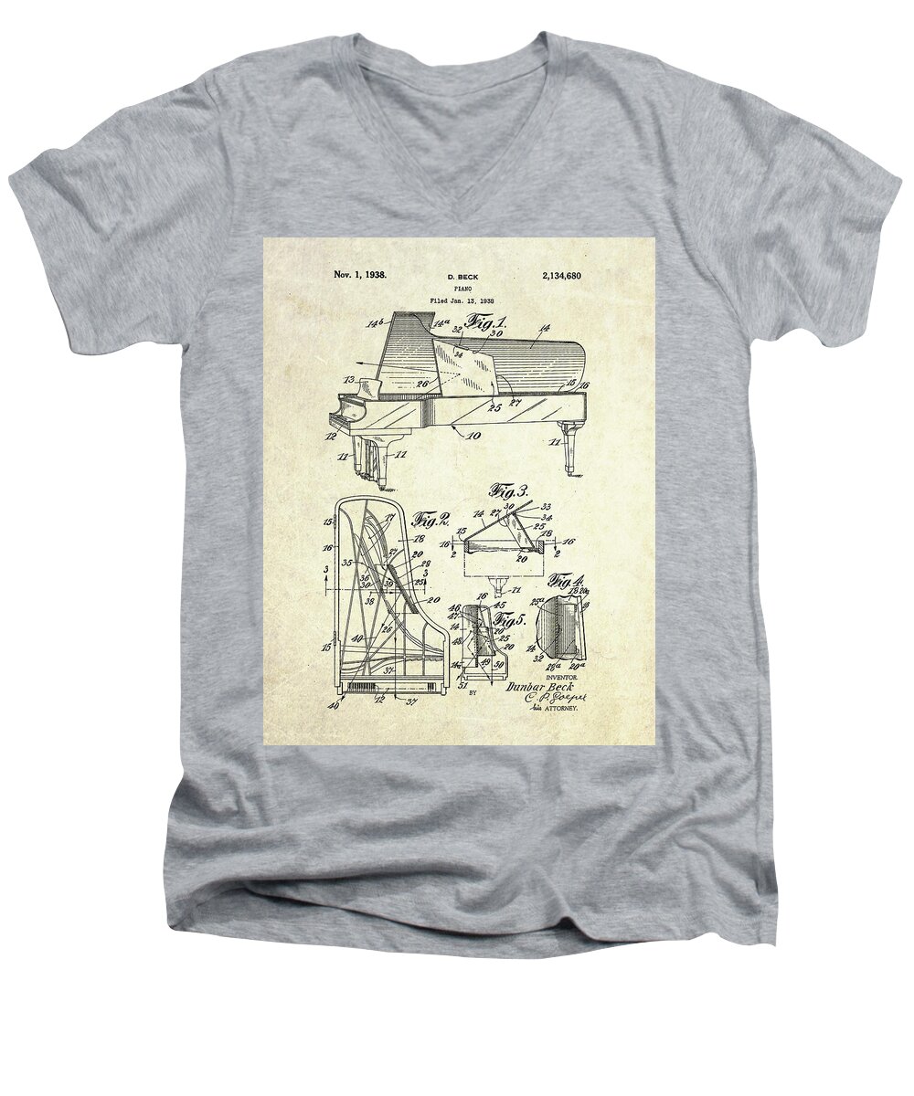 Grand Piano Men's V-Neck T-Shirt featuring the digital art 1938 Dunbar Beck Grand Piano Patent Art by Gary Bodnar
