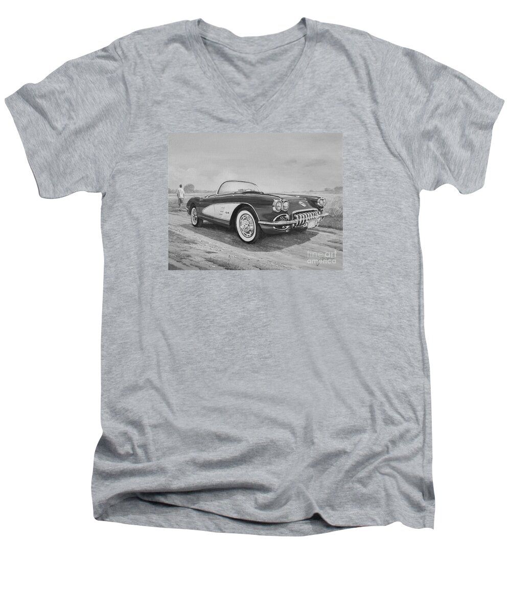 Vintage Men's V-Neck T-Shirt featuring the painting 1959 Chevrolet Corvette Cabriolet In Black and White by Sinisa Saratlic