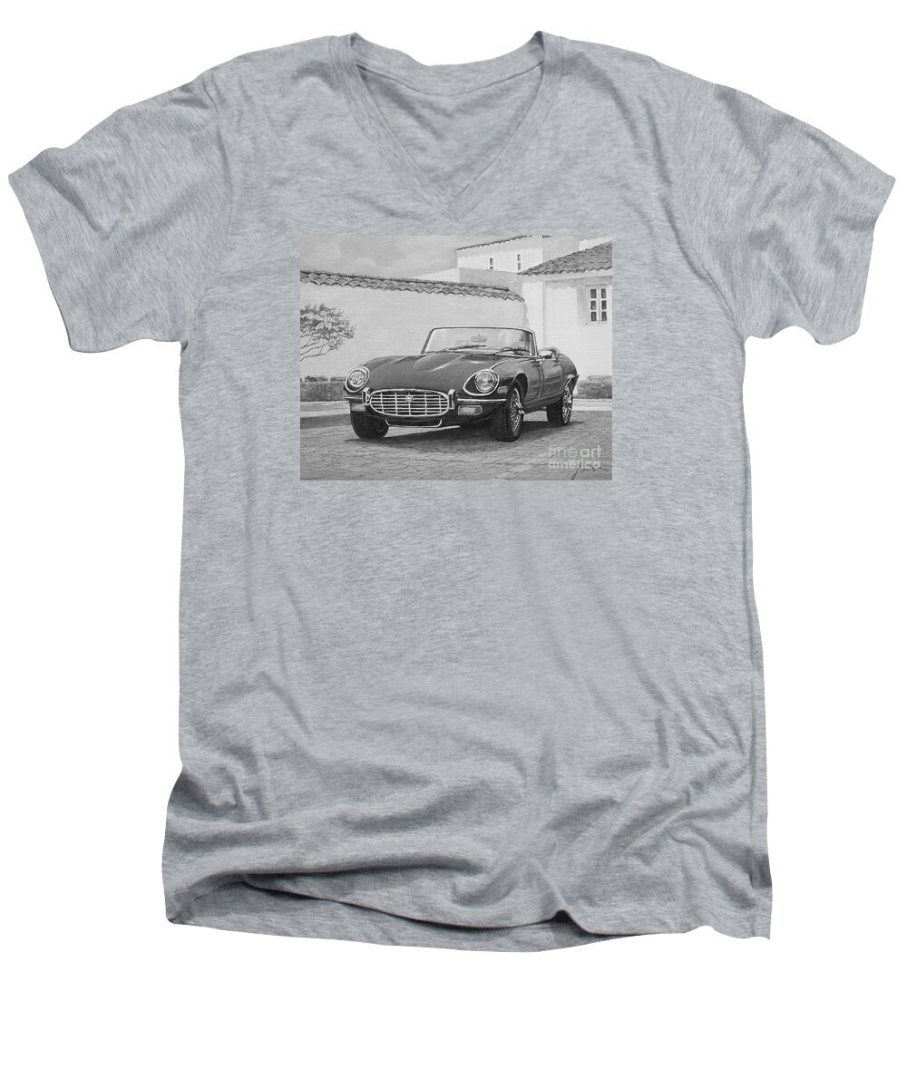 Vintage Men's V-Neck T-Shirt featuring the painting 1961 Jaguar XKE Cabriolet In Black And White by Sinisa Saratlic