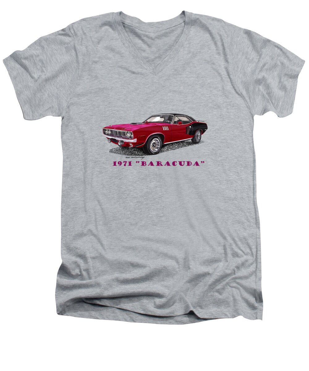 1971 Plymouth Barracuda Tee-shirt Art Men's V-Neck T-Shirt featuring the painting 1971 Plymouth Barracuda by Jack Pumphrey