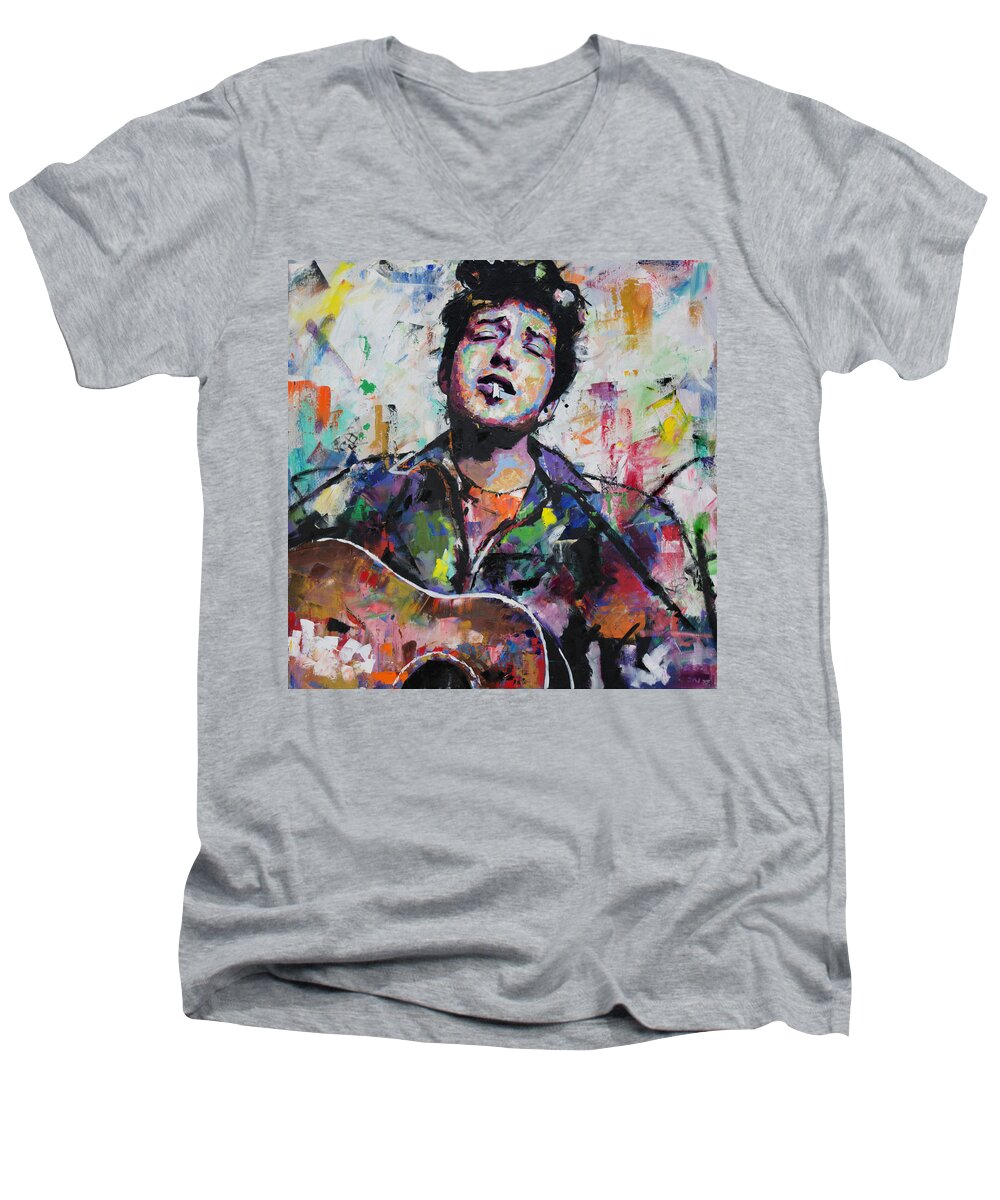 Bob Dylan Men's V-Neck T-Shirt featuring the painting Bob Dylan II by Richard Day