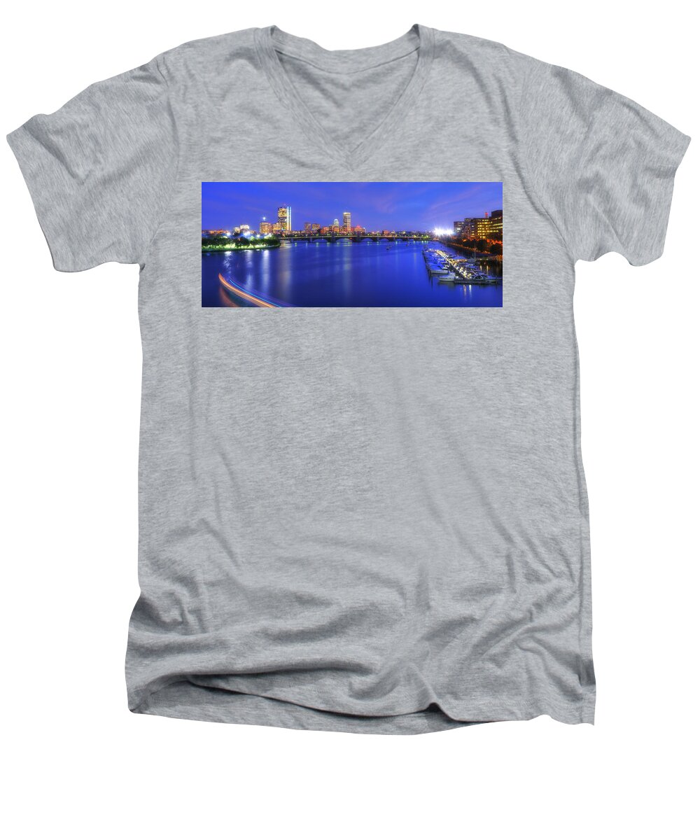 Boston Men's V-Neck T-Shirt featuring the photograph Boston Skyline Panoramic at Night #2 by Joann Vitali