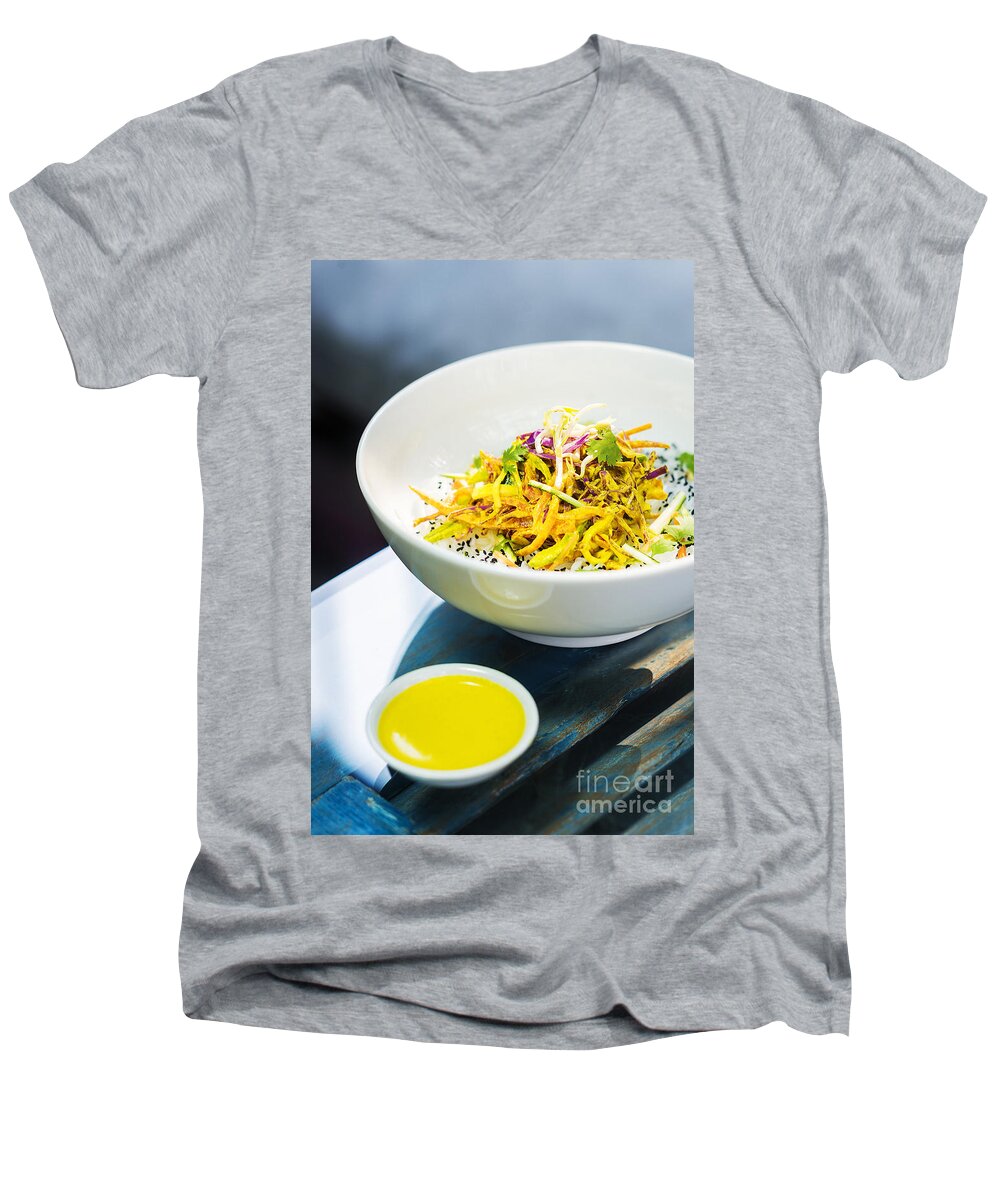 Asian Men's V-Neck T-Shirt featuring the photograph Curry Sauce Vegetable Salad With Noodles And Sesame #2 by JM Travel Photography