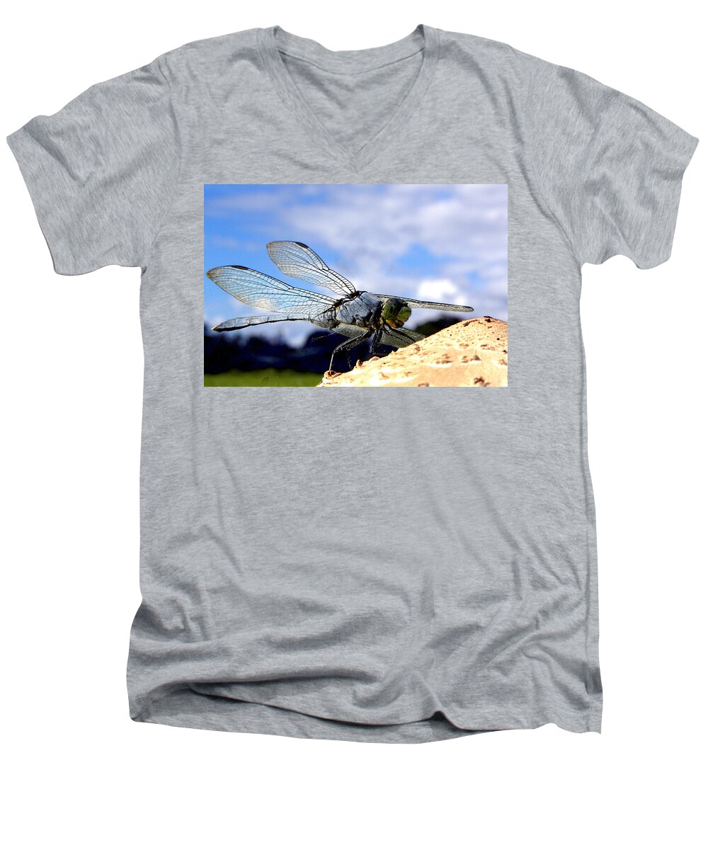 Dragonfly Men's V-Neck T-Shirt featuring the photograph Dragonfly on a mushroom 001 #2 by Christopher Mercer