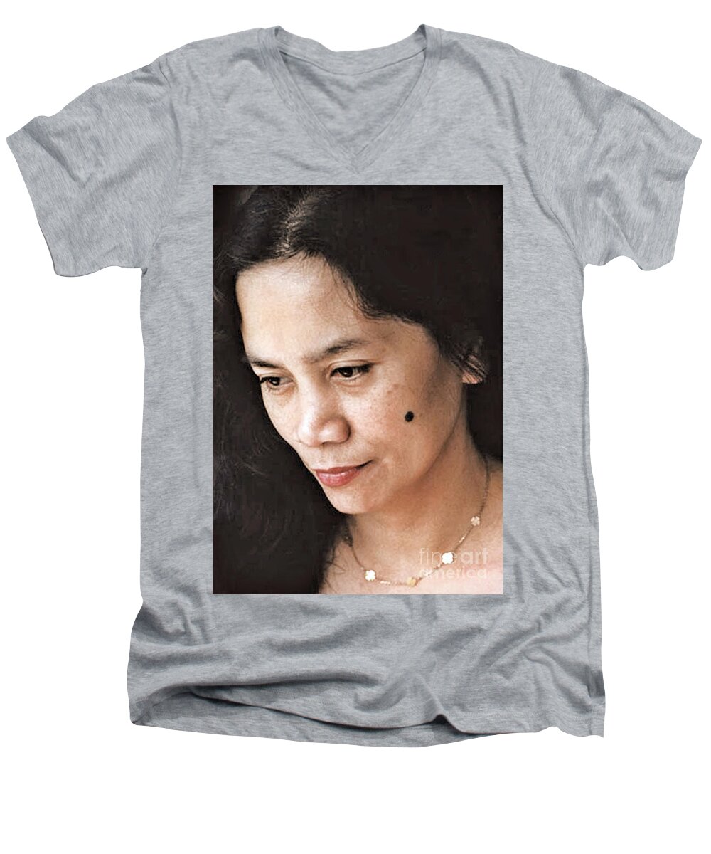 Filipnio Men's V-Neck T-Shirt featuring the photograph Filipina Beauty with a mole on Her Cheek #1 by Jim Fitzpatrick