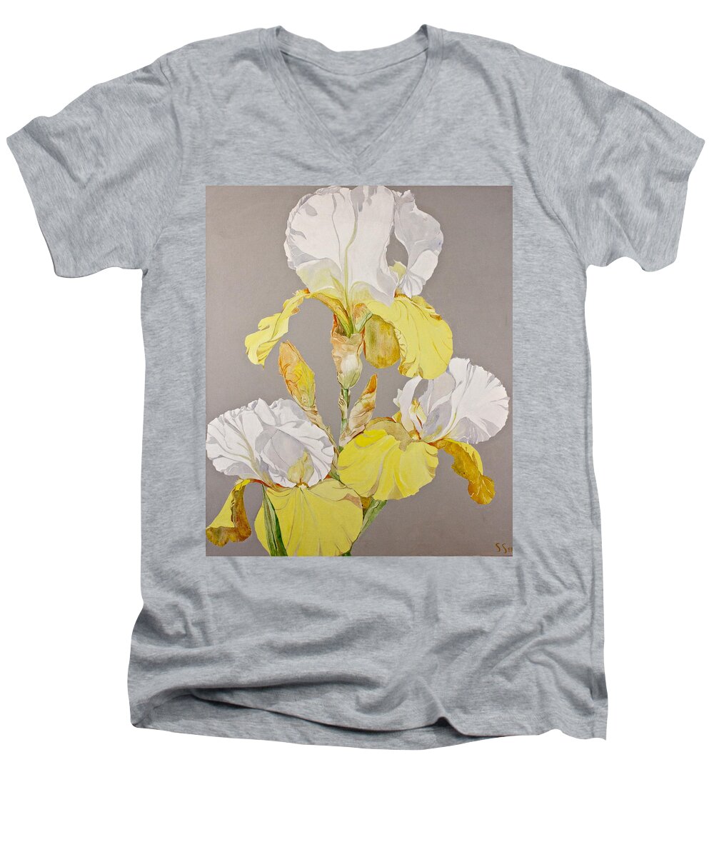Acrylic Painting Men's V-Neck T-Shirt featuring the painting Irises-Posthumously presented paintings of Sachi Spohn #1 by Cliff Spohn
