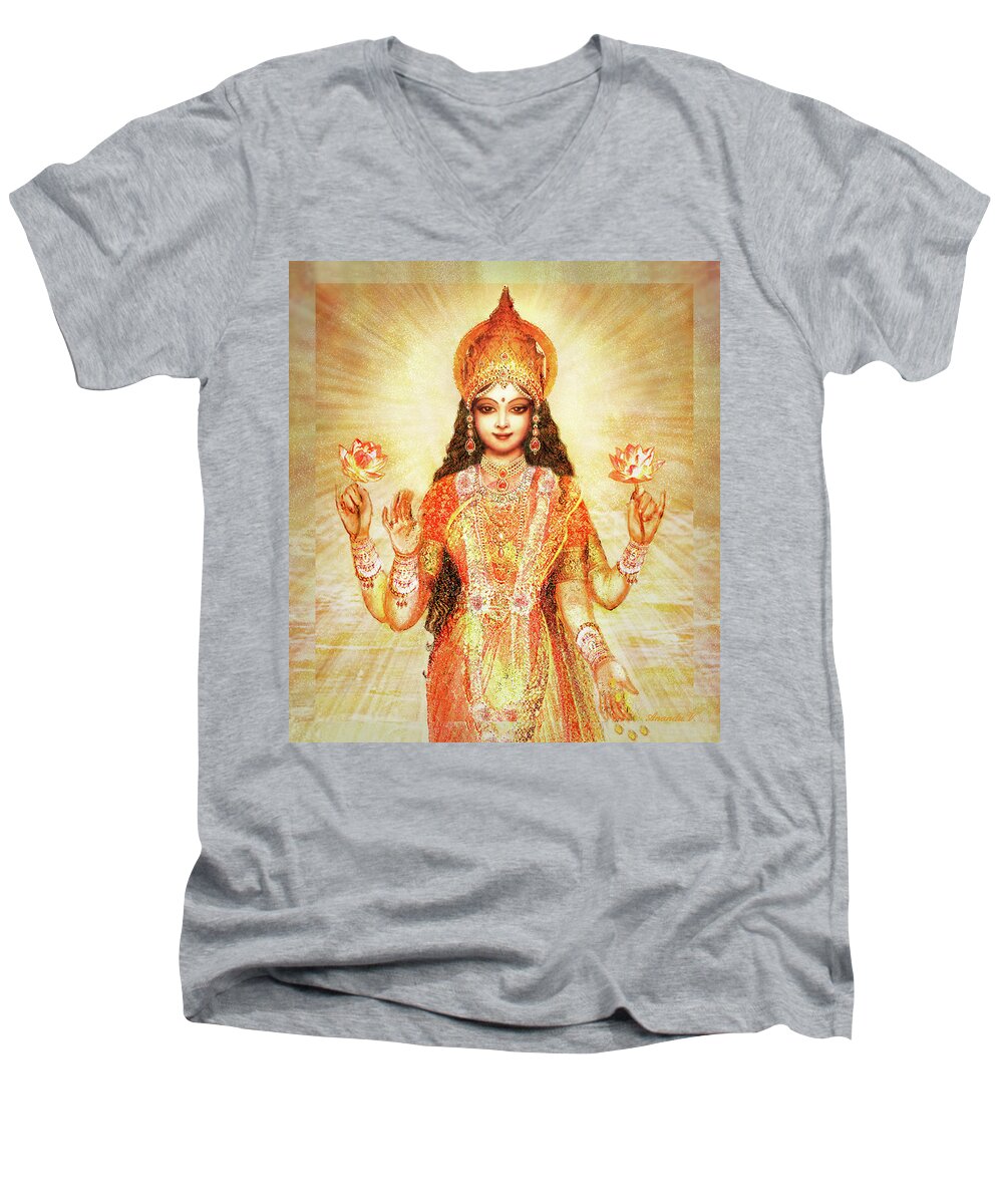 Lakshmi Men's V-Neck T-Shirt featuring the mixed media Lakshmi the Goddess of Fortune and Abundance #2 by Ananda Vdovic