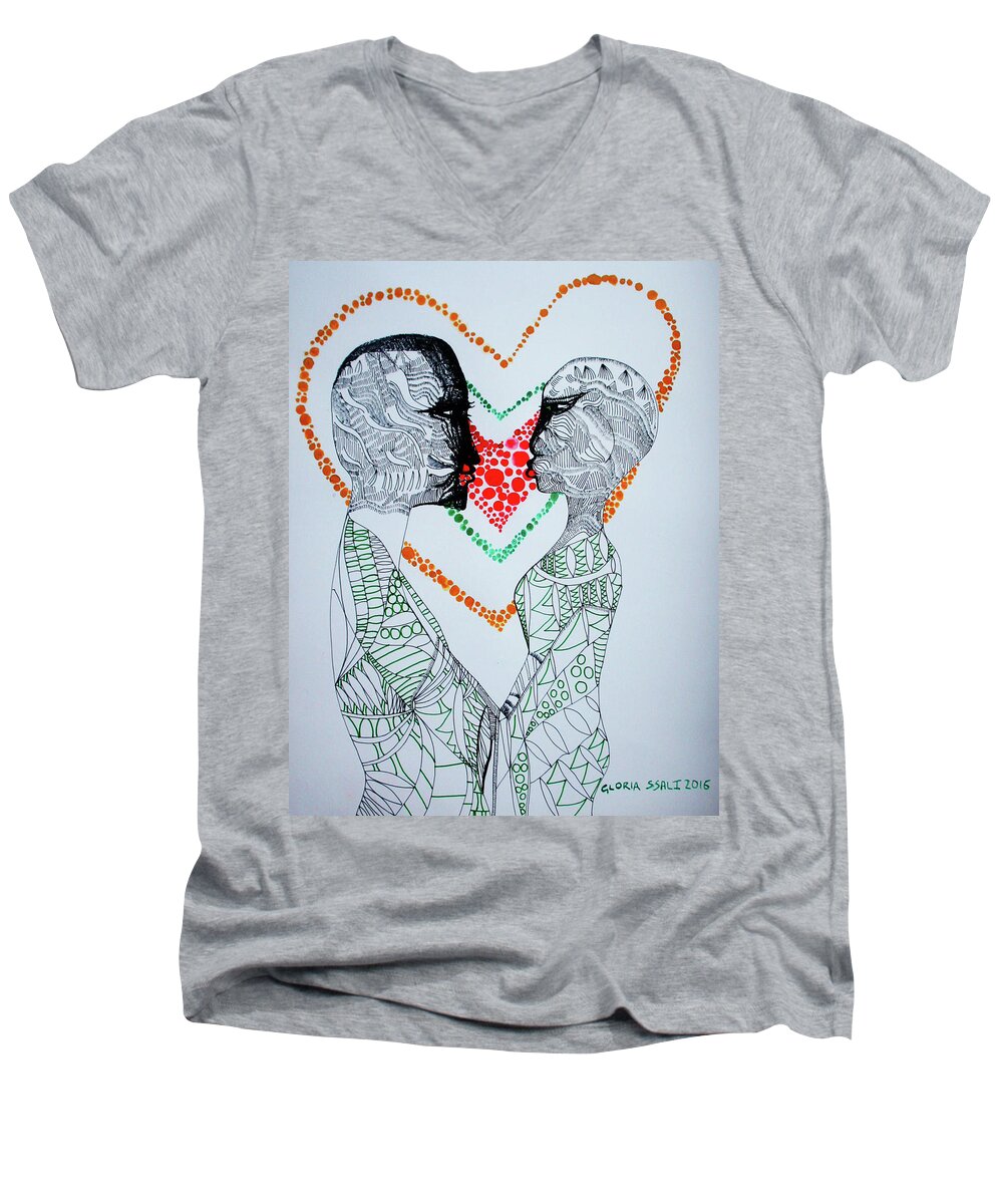 Jesus Men's V-Neck T-Shirt featuring the painting Love is a Heart #2 by Gloria Ssali