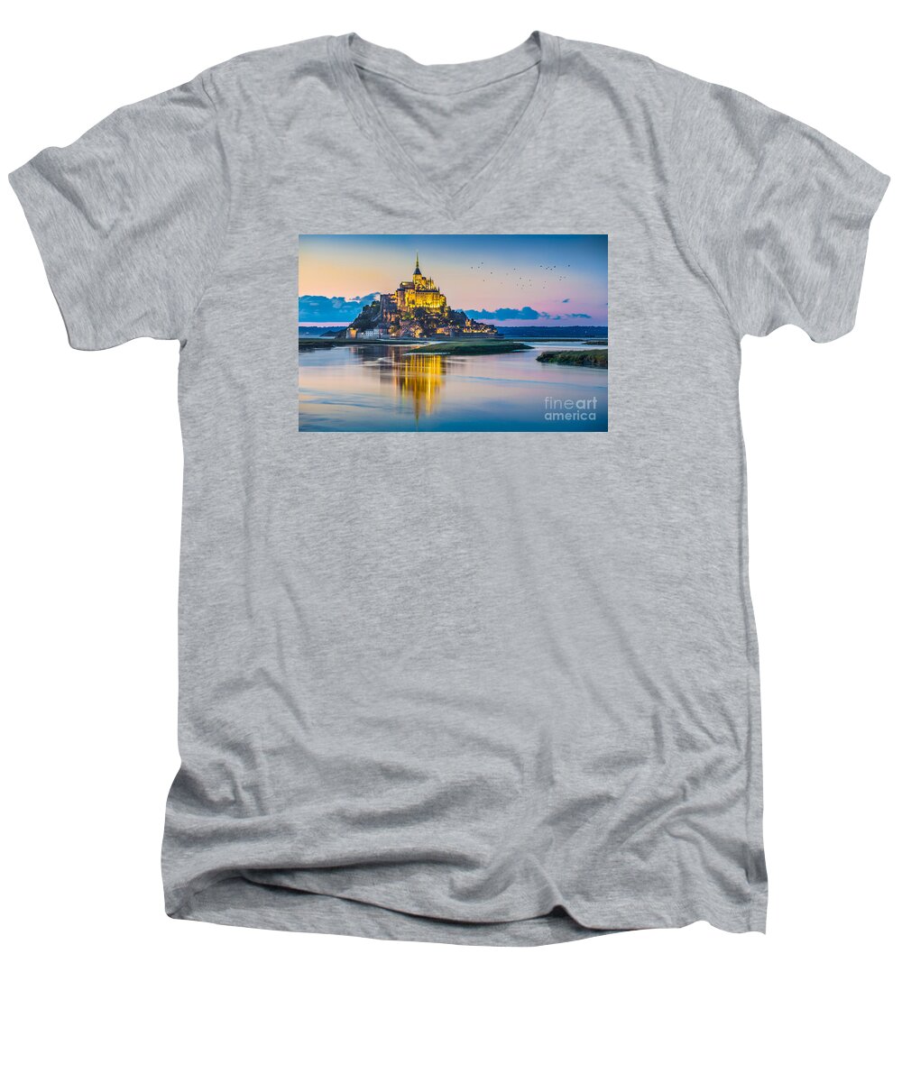 Abbey Men's V-Neck T-Shirt featuring the photograph Mont Saint Michel #3 by JR Photography