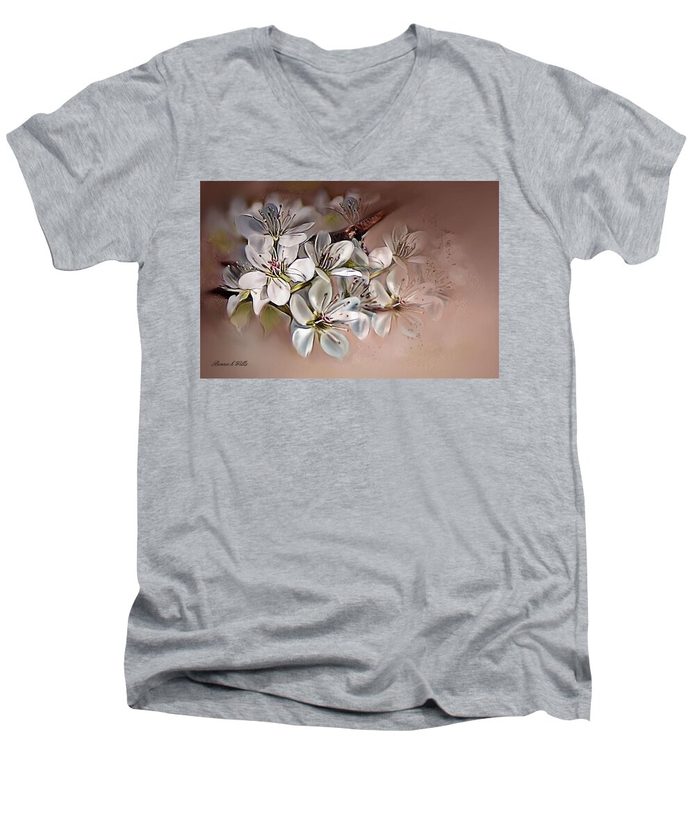 Pear Men's V-Neck T-Shirt featuring the painting Oriental Pear Blossom #2 by Bonnie Willis