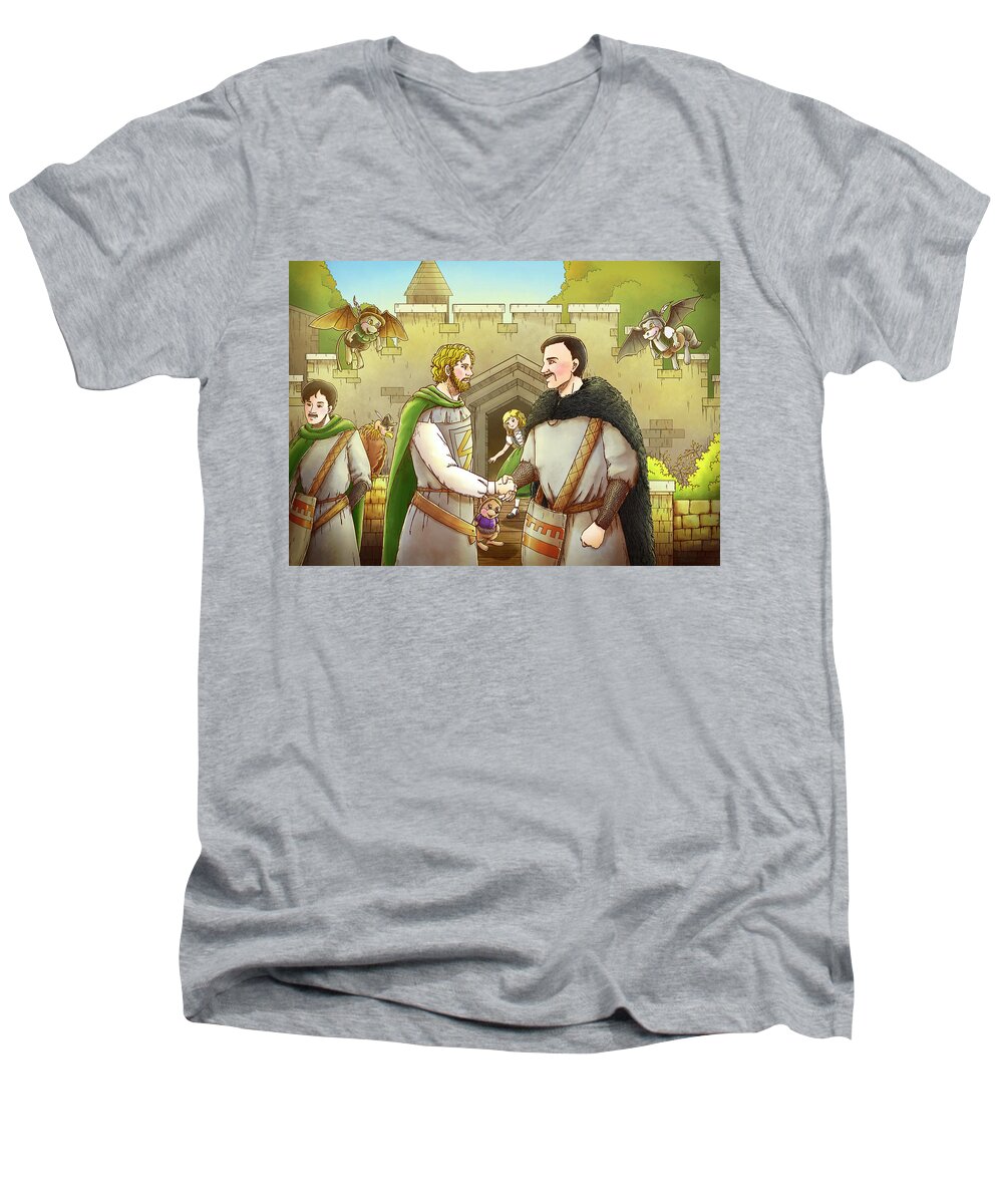 Robin Hood Men's V-Neck T-Shirt featuring the painting Robin Hood and the Captain of the Guard #2 by Reynold Jay