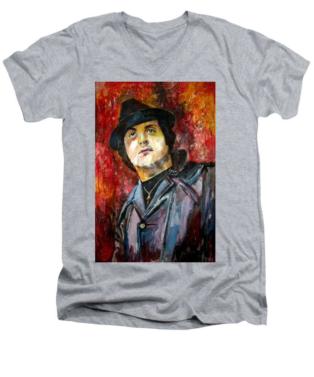 Sylvester Men's V-Neck T-Shirt featuring the painting Sylvester Stallone - Rocky Balboa #6 by Marcelo Neira