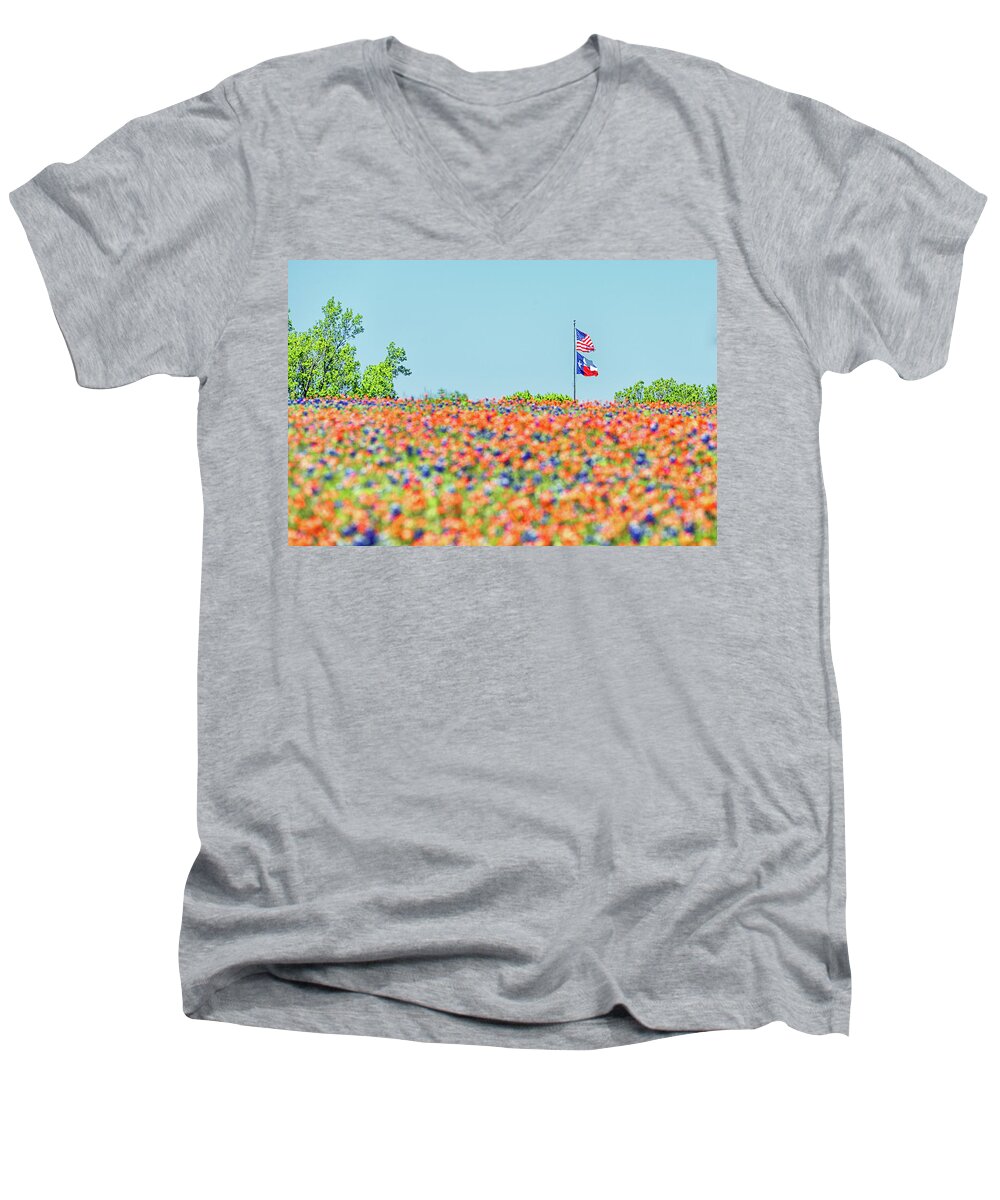 Texas Wildflowers Men's V-Neck T-Shirt featuring the photograph God Bless America and God Bless Texas by Victor Culpepper