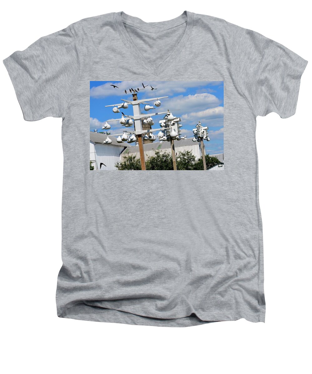 Birds Men's V-Neck T-Shirt featuring the photograph 3 Purple Martin Houses by Tana Reiff