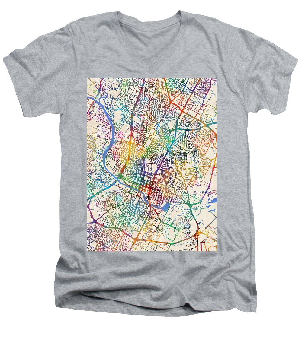 Austin Men's V-Neck T-Shirt featuring the digital art Austin Texas City Map #4 by Michael Tompsett