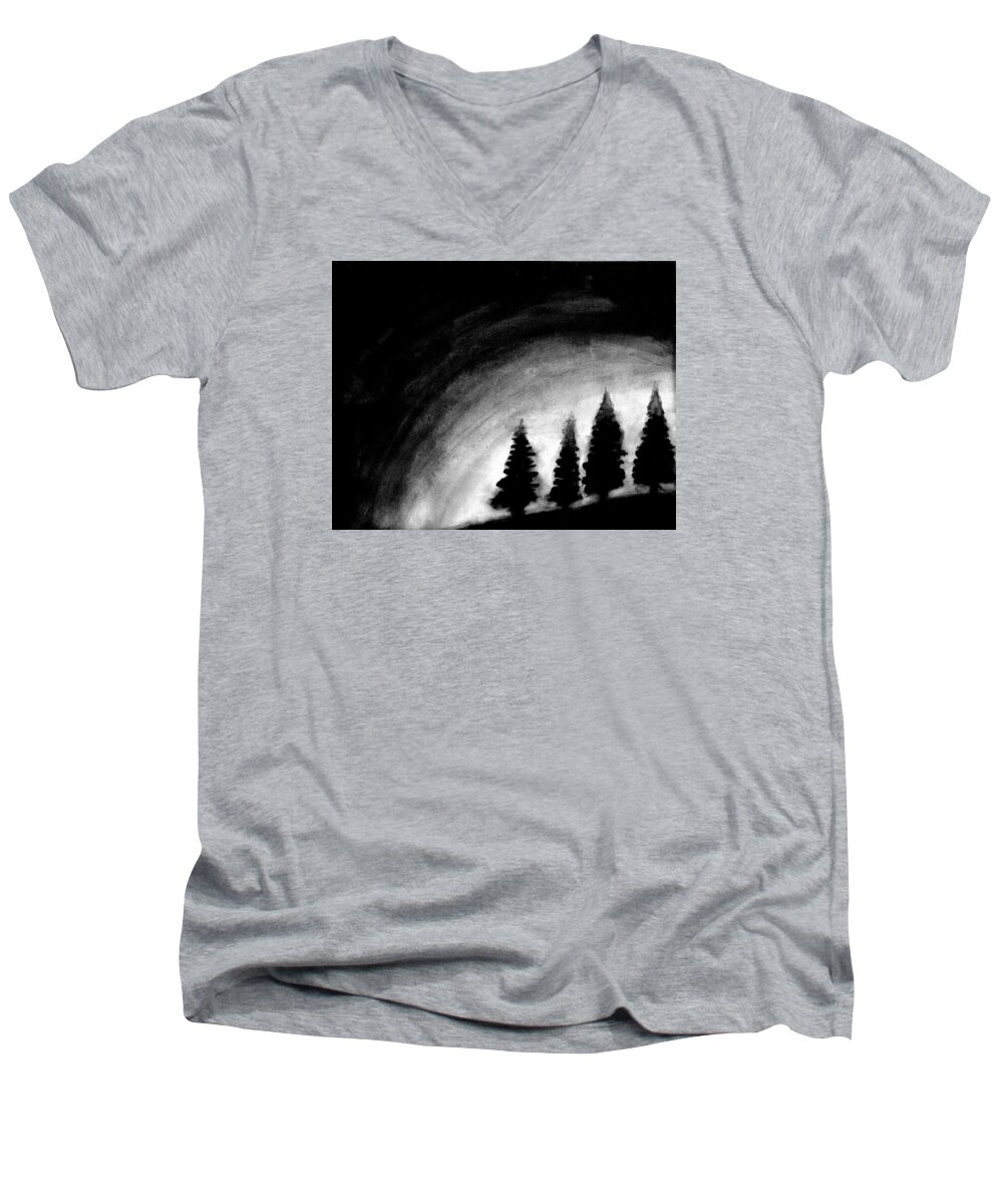 Wallpaper Buy Art Print Phone Case T-shirt Beautiful Duvet Case Pillow Tote Bags Shower Curtain Greeting Cards Mobile Phone Apple Android Black White Trees Nature Hills Woods Haunted Men's V-Neck T-Shirt featuring the painting 4 Pines by Salman Ravish