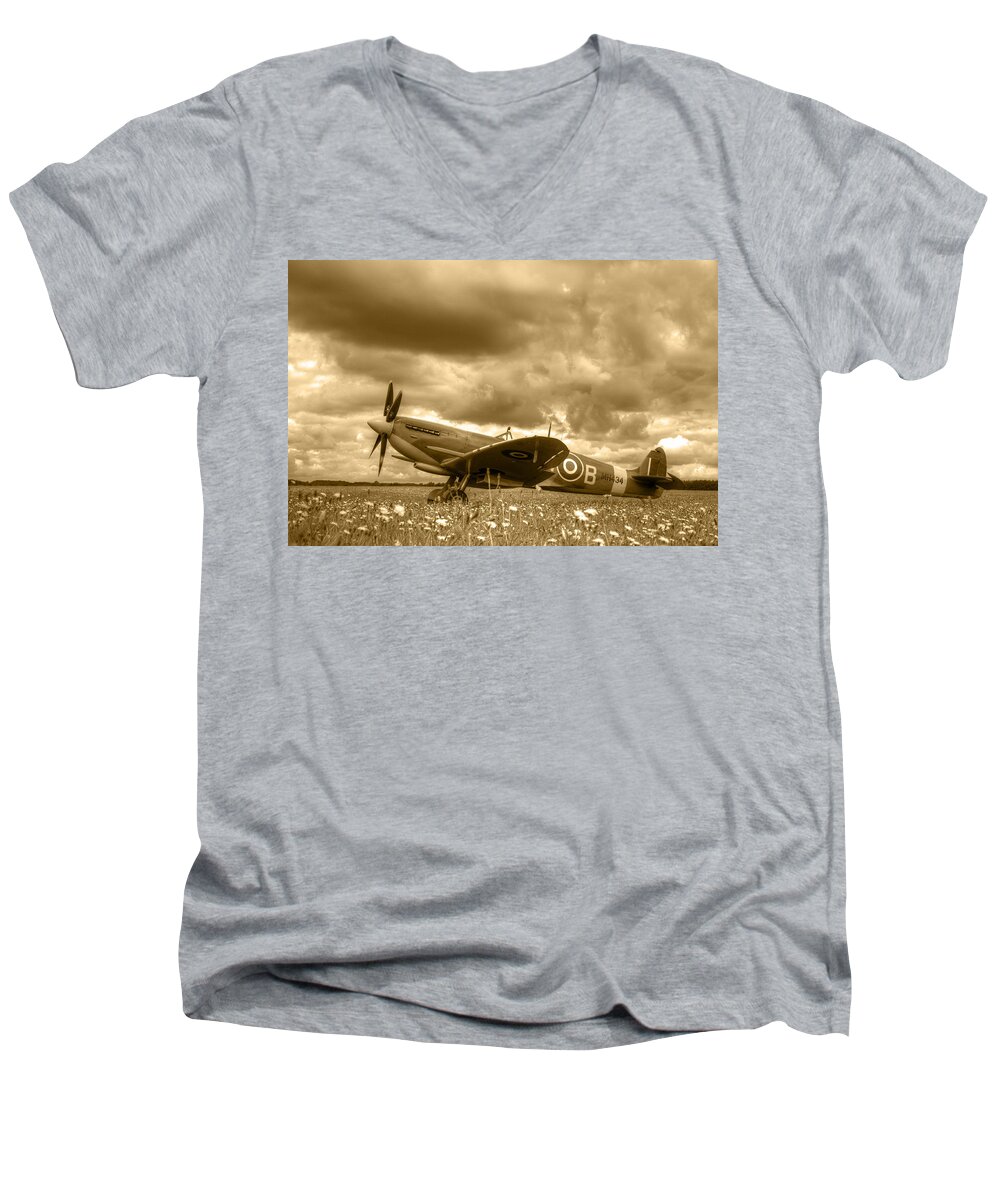 Spitfire Men's V-Neck T-Shirt featuring the photograph Spitfire Mk IXB #4 by Chris Day