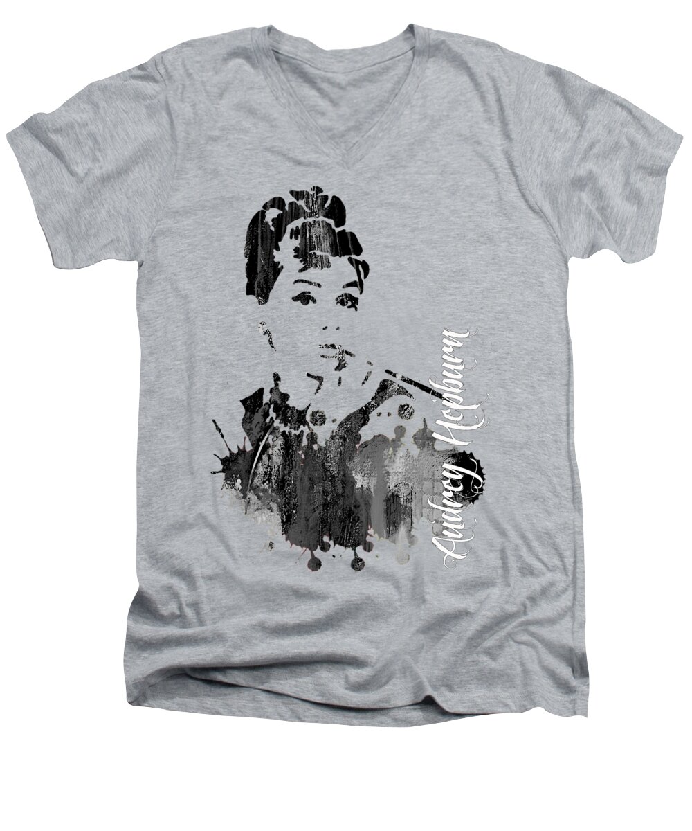 Audrey Hepburn Men's V-Neck T-Shirt featuring the mixed media Audrey Hepburn Collection #42 by Marvin Blaine