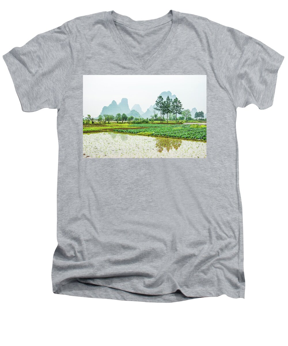 The Beautiful Karst Rural Scenery In Spring Men's V-Neck T-Shirt featuring the photograph Karst rural scenery in spring #49 by Carl Ning