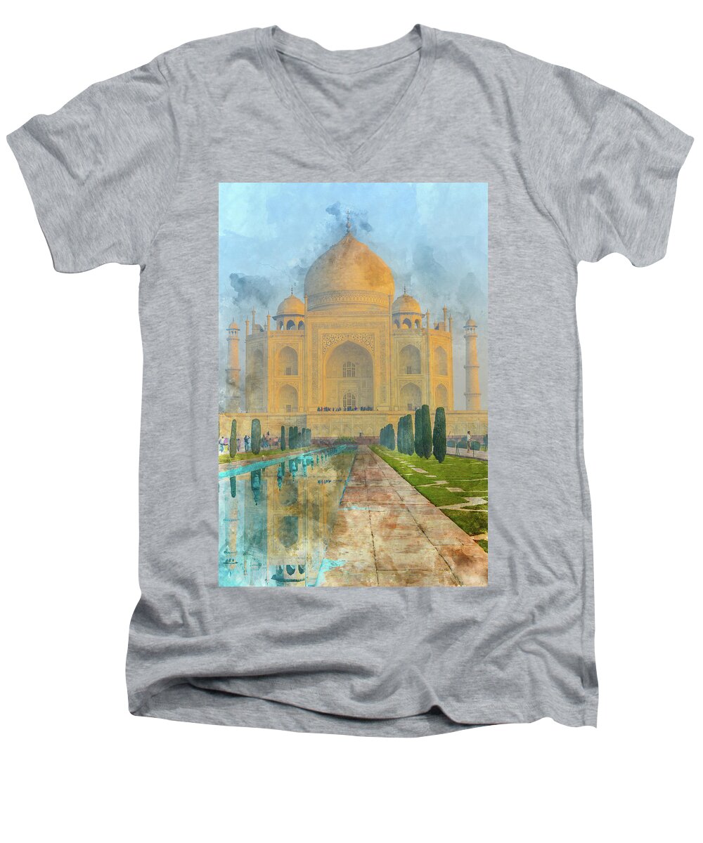 Green Men's V-Neck T-Shirt featuring the photograph Taj Mahal in Agra India #5 by Brandon Bourdages