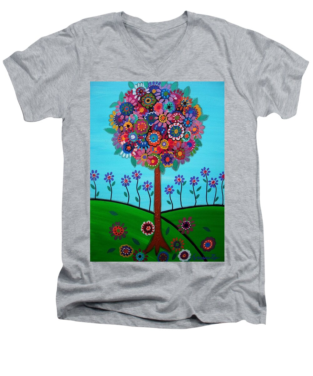 Mexican Town Men's V-Neck T-Shirt featuring the painting Tree Of Life #59 by Pristine Cartera Turkus