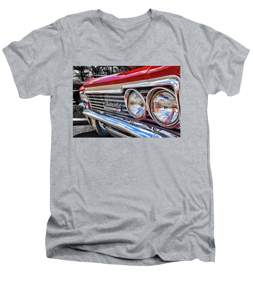 1966 Men's V-Neck T-Shirt featuring the photograph '66 Chevrolet Impala SS #66 by Daniel Adams
