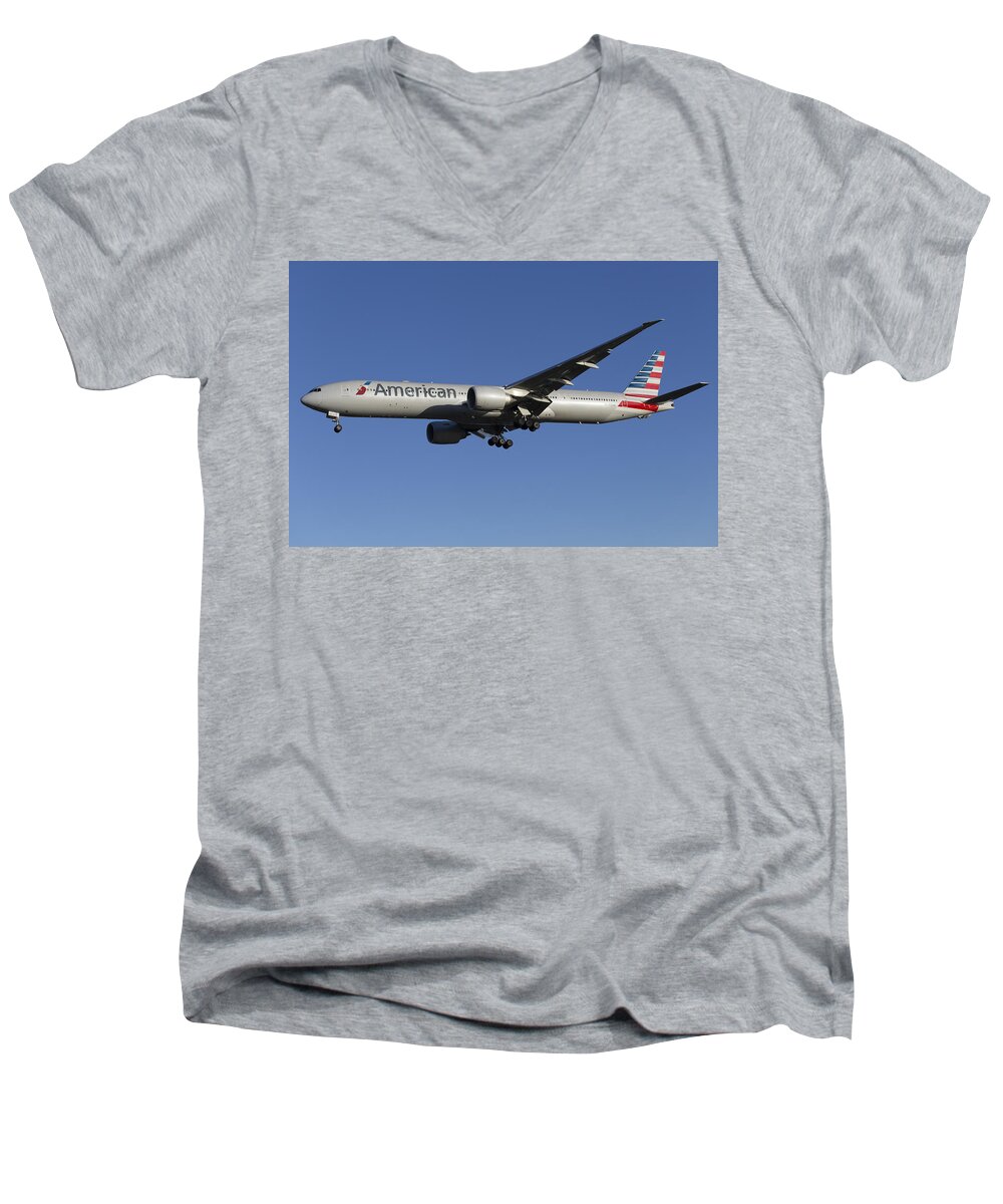 American Men's V-Neck T-Shirt featuring the photograph American Airlines Boeing 777 #3 by David Pyatt
