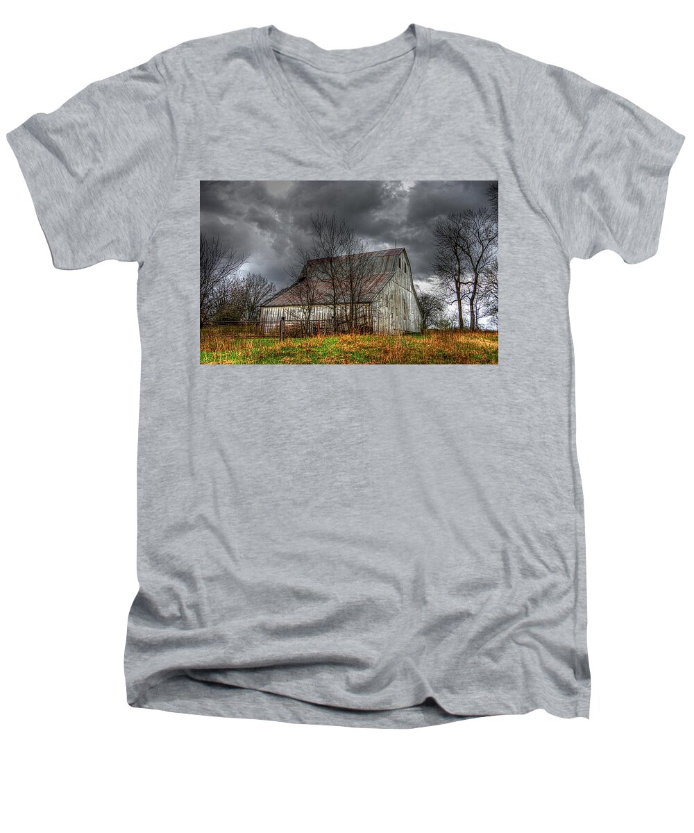 Dark Clouds Men's V-Neck T-Shirt featuring the photograph A Barn in the Storm 3 by Karen McKenzie McAdoo
