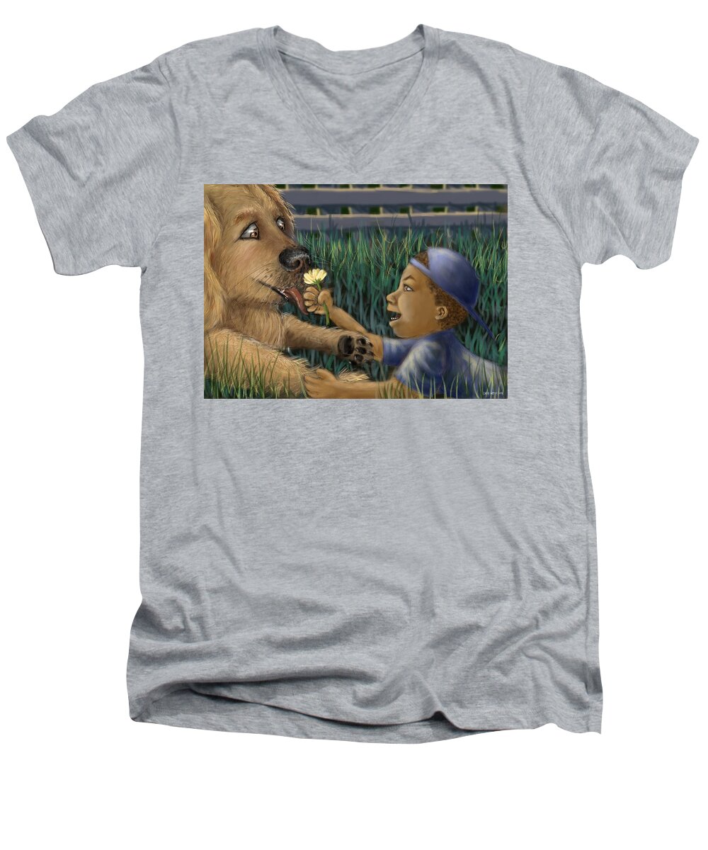 Boy Men's V-Neck T-Shirt featuring the digital art A Boy And His Dog by Larry Whitler
