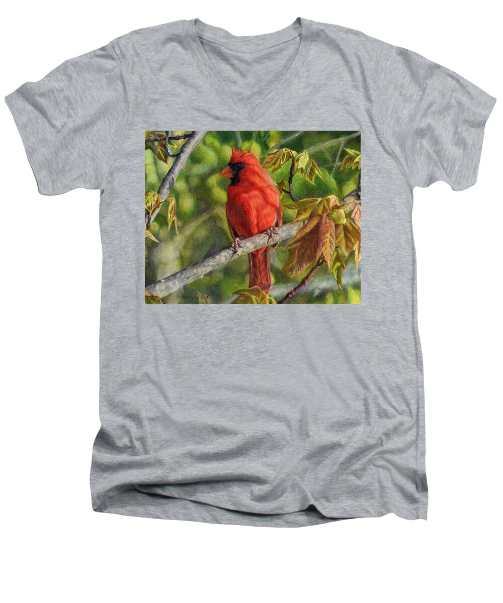Cardinal Men's V-Neck T-Shirt featuring the drawing A Cardinal Named Carl by Shana Rowe Jackson