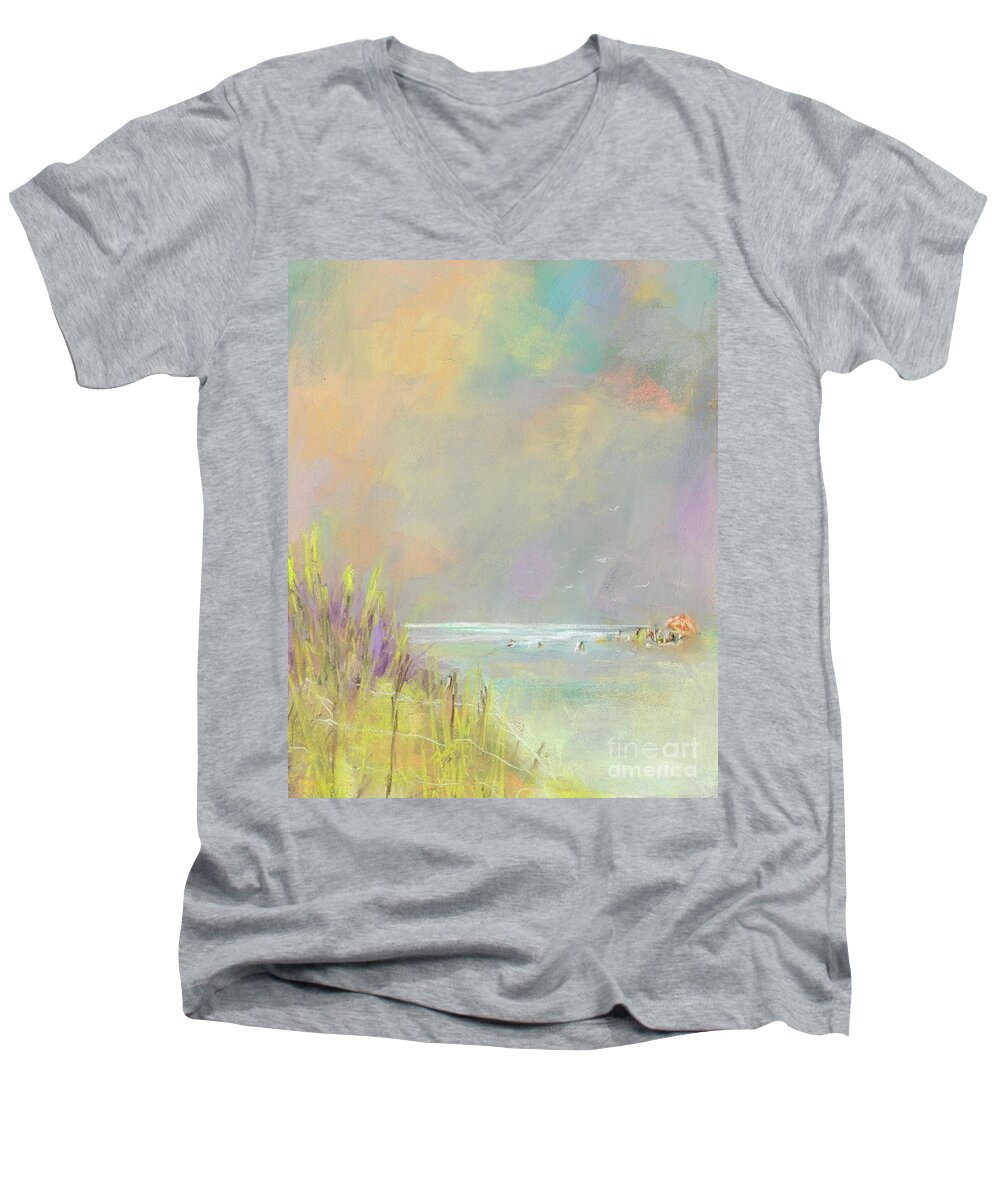 Landscapes Men's V-Neck T-Shirt featuring the painting A Day at the Beach by Frances Marino