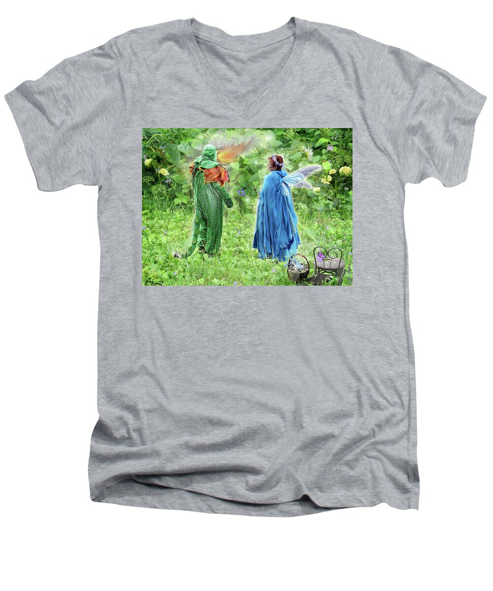 Fairy Men's V-Neck T-Shirt featuring the digital art A Dragon Confides in a Fairy by Lise Winne